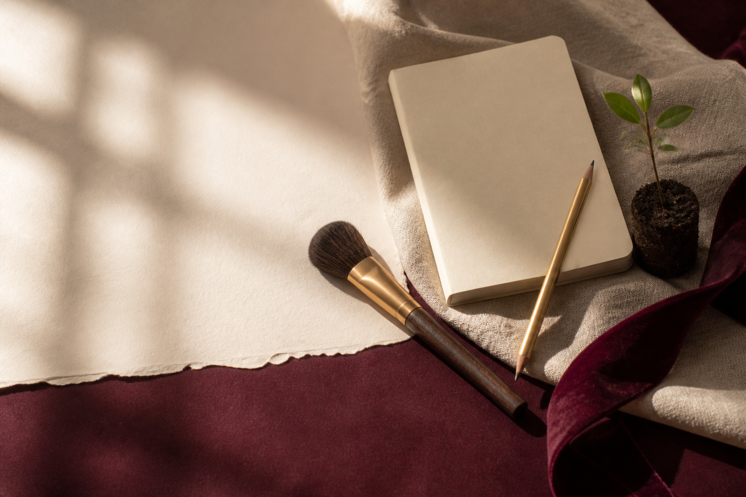 Original non-identifying still life of beauty tools, notebook and seedling
