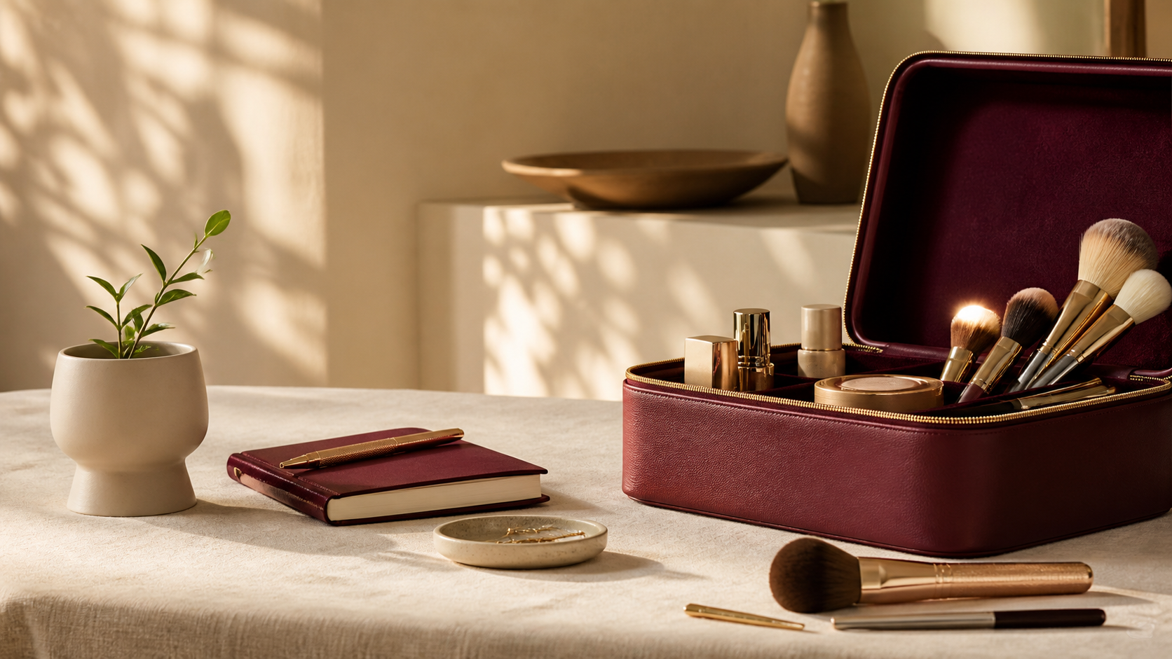 Editorial still life with a burgundy beauty case, notebook, gold pen, seedling and makeup tools